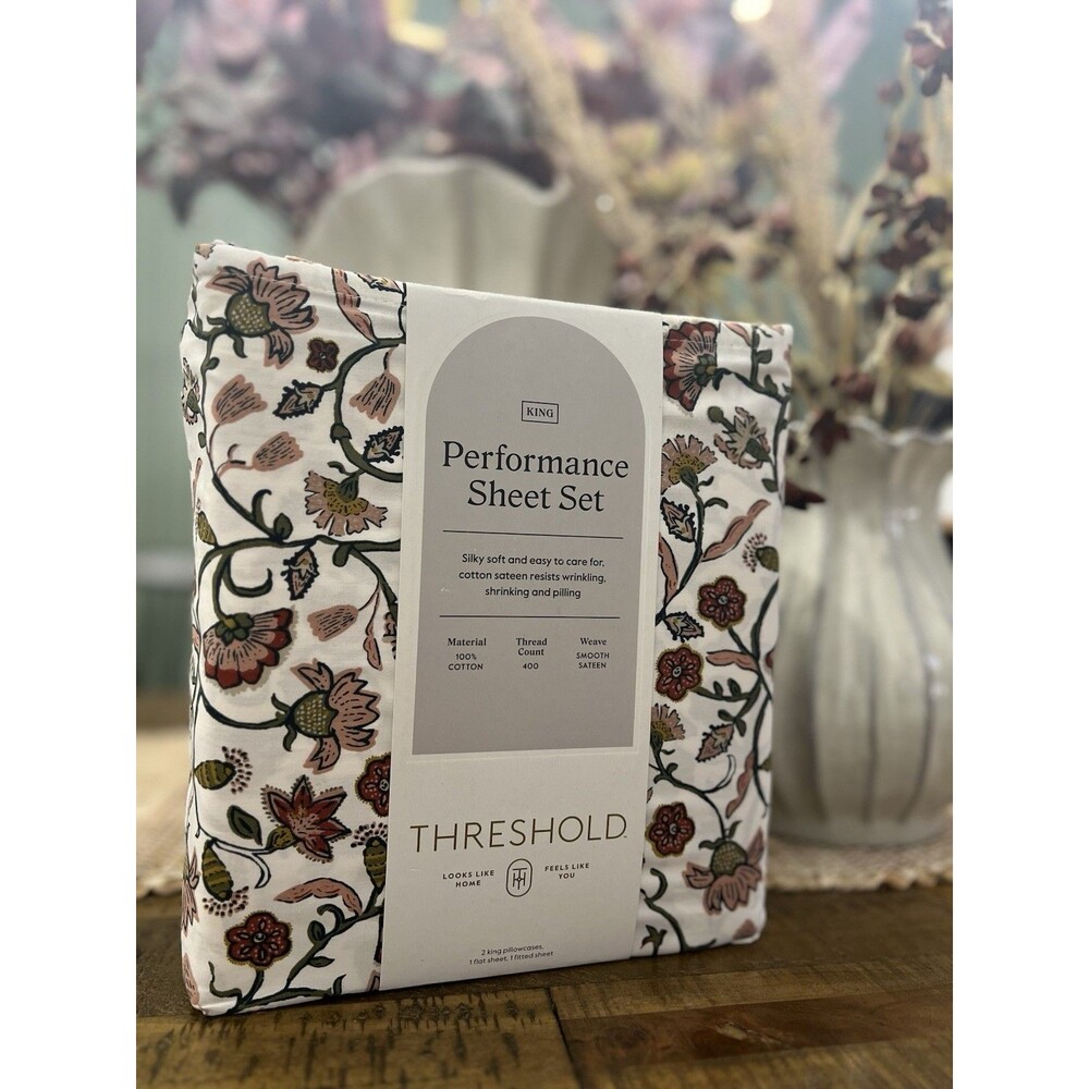 King 400 Thread Count Performance Sheet Set Warm Floral - Threshold NEW